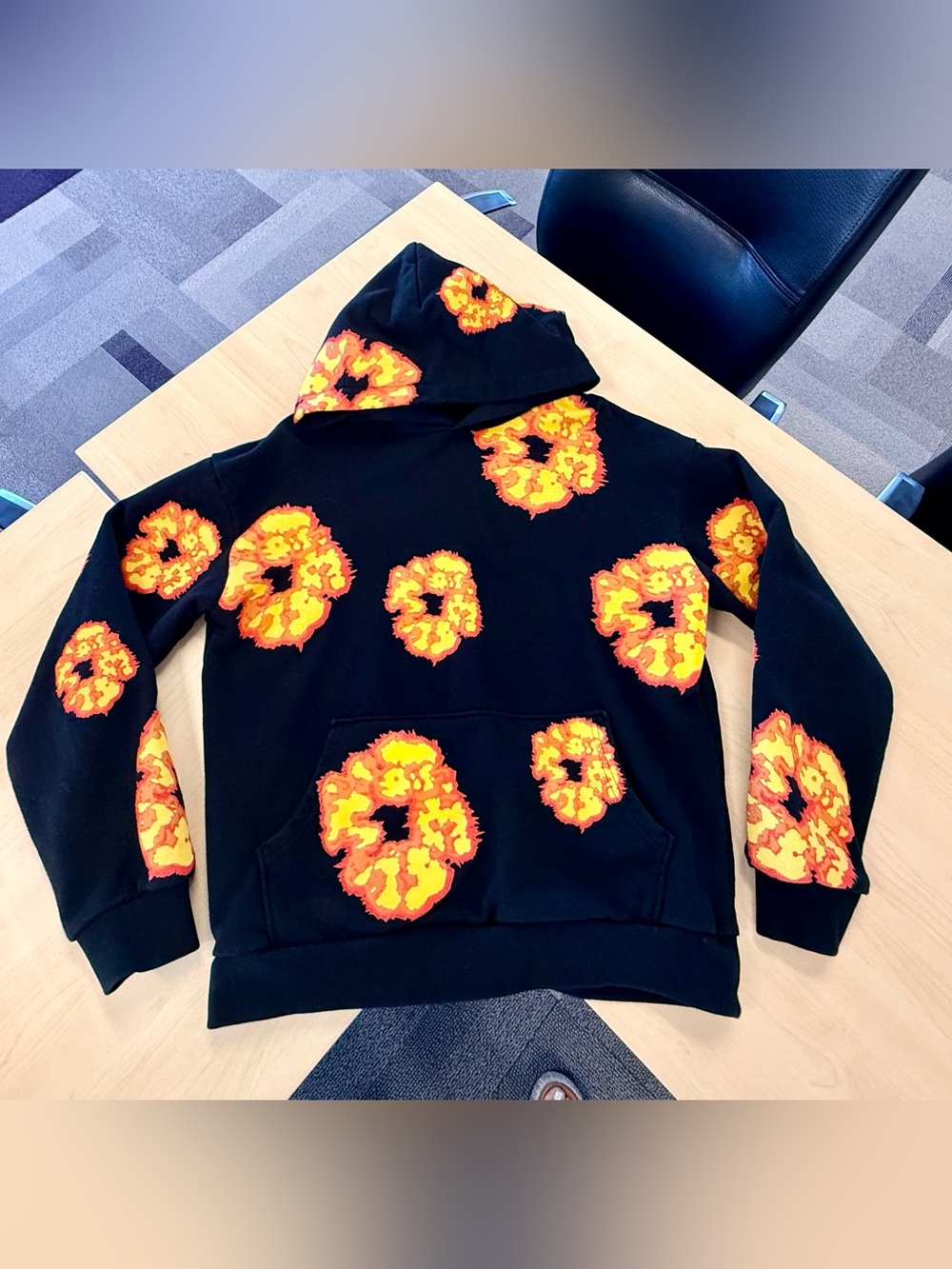 Denim Tears Black Hoodie with Bold Orange-Yellow accents, size Medium